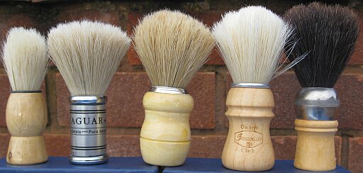 5 shaving brushes. Chinese bristle, Jaguar bristle, Turkish horse hair, Semogue Owners Club, Spanish horse hair