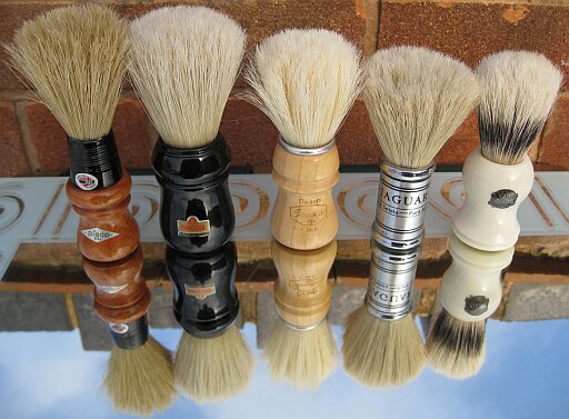 Boar bristle shaving brushes from Disco, Omega, Semogue, Jaguar and Vulfix
