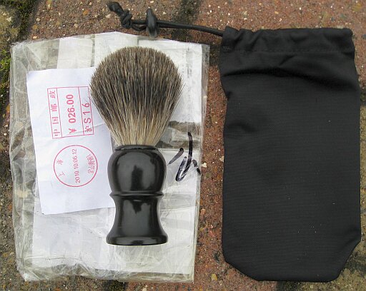 LiJüN & 1980 finest pure badger shaving brush and the flimsy packaging it was sent from China in.